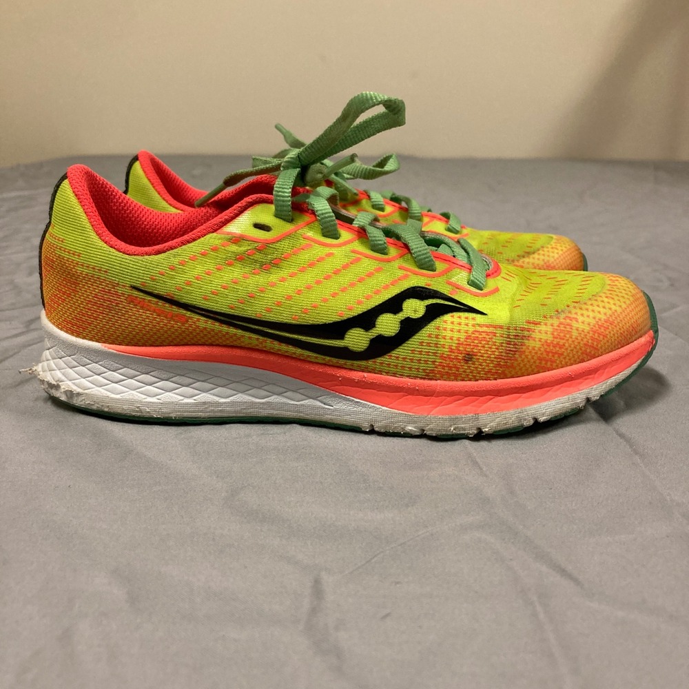 Saucony Ride 13 Kids Running Shoes Neon Yellow Green Orange Sneakers - Picture 2 of 9